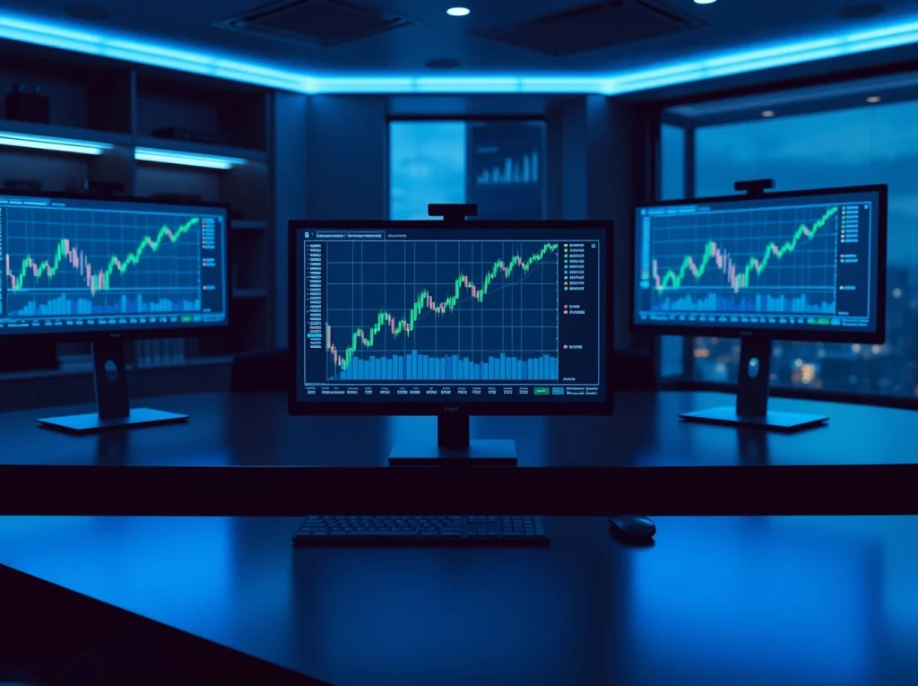 Professional trading desk with monitors showing cryptocurrency charts and an upward trend.