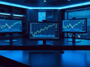 Professional trading desk with monitors showing cryptocurrency charts and an upward trend.
