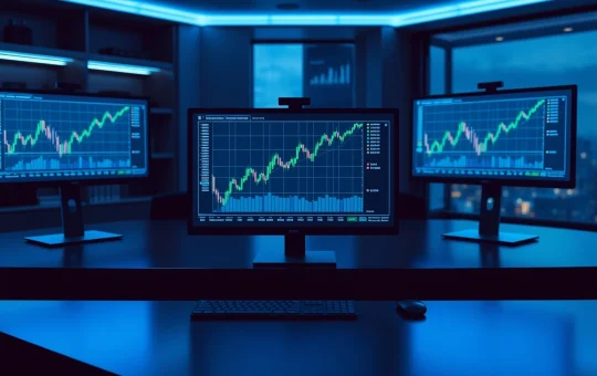 Professional trading desk with monitors showing cryptocurrency charts and an upward trend.