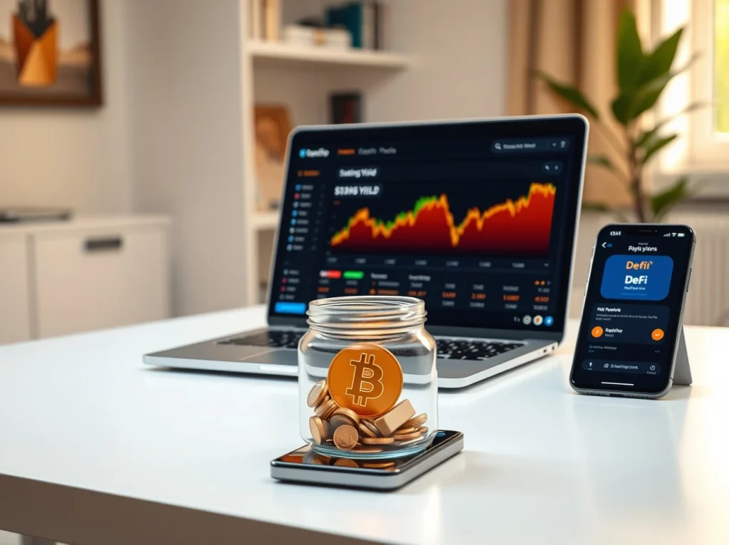 Modern desk with laptop showing crypto staking dashboard and coins symbolizing passive income.