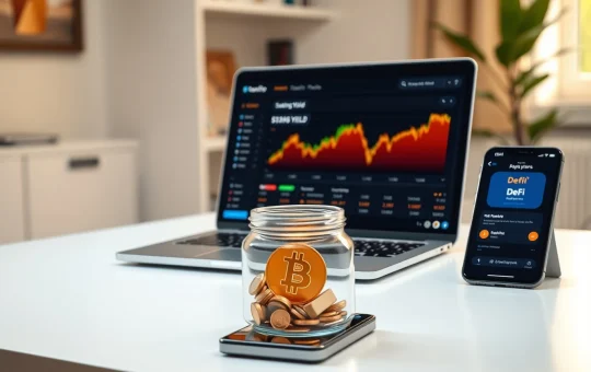 Modern desk with laptop showing crypto staking dashboard and coins symbolizing passive income.