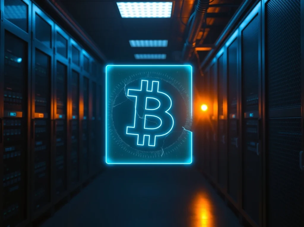 Holographic Bitcoin symbol shattered in a dark server room indicating a DeFi security breach