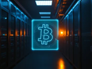 Holographic Bitcoin symbol shattered in a dark server room indicating a DeFi security breach