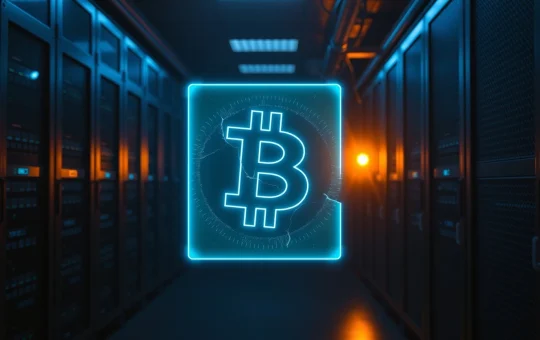 Holographic Bitcoin symbol shattered in a dark server room indicating a DeFi security breach