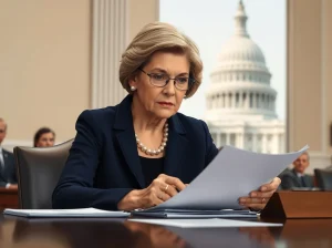 Senator Elizabeth Warren reviewing documents during Bitmain national security investigation at congressional hearing