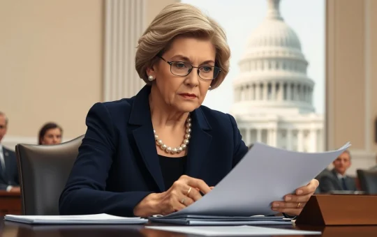 Senator Elizabeth Warren reviewing documents during Bitmain national security investigation at congressional hearing
