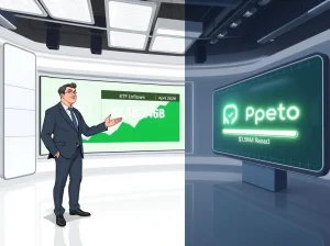 ETF inflows April 2026 chart and Pepeto presale progress bar on digital displays in a news studio
