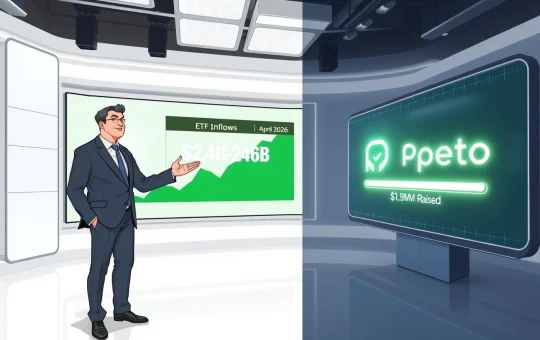 ETF inflows April 2026 chart and Pepeto presale progress bar on digital displays in a news studio