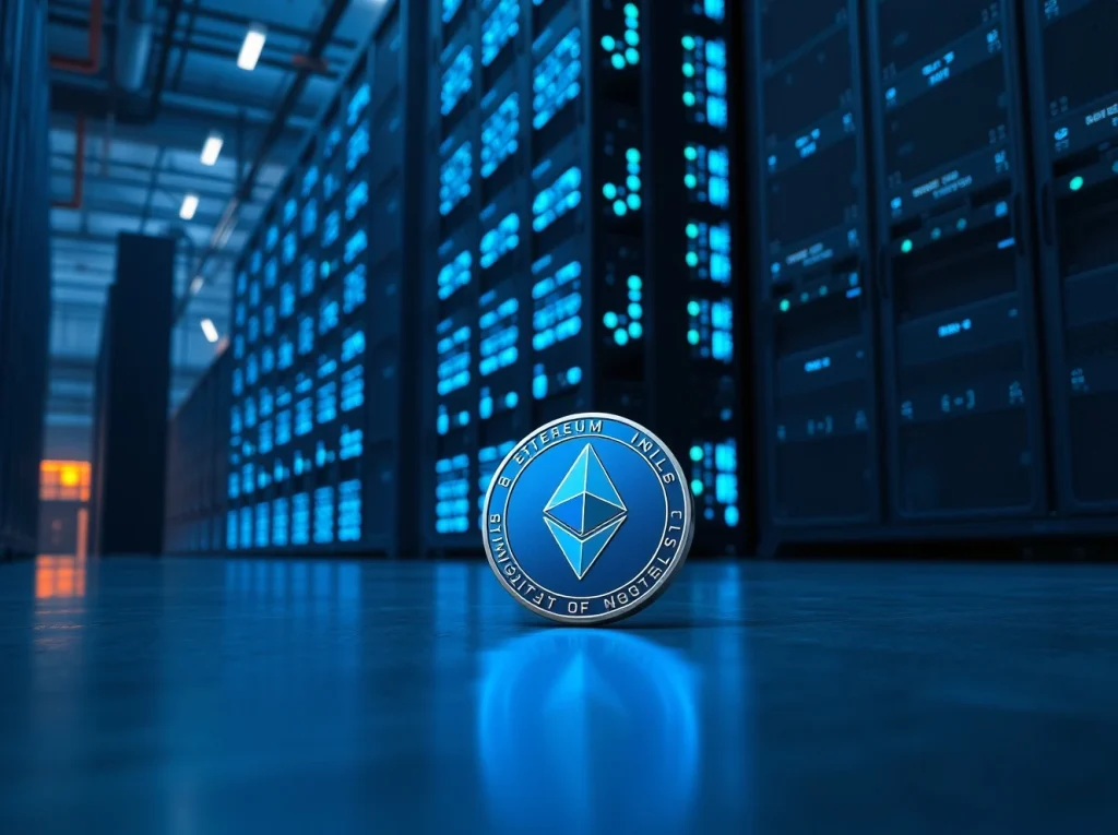 Bitmine Ethereum mining facility with an ETH coin in the foreground, representing the CryptoNewsInsights holder's prediction of a generational run.