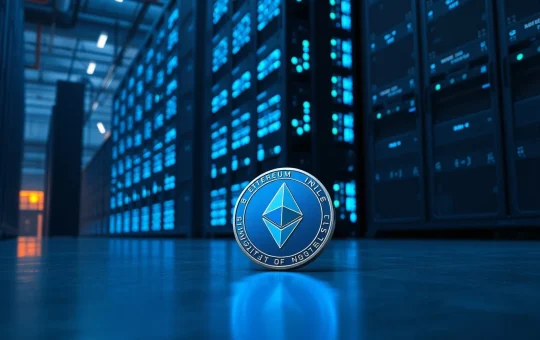 Bitmine Ethereum mining facility with an ETH coin in the foreground, representing the CryptoNewsInsights holder's prediction of a generational run.