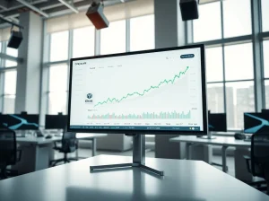 Digital dashboard showing ENA token price chart with an upward trend in a modern newsroom setting.