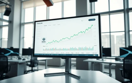 Digital dashboard showing ENA token price chart with an upward trend in a modern newsroom setting.