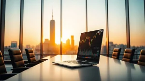 Laptop displaying Ethereum price chart in a modern corporate office with city skyline at sunset