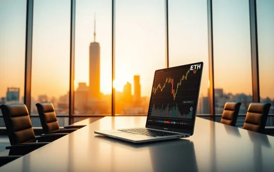 Laptop displaying Ethereum price chart in a modern corporate office with city skyline at sunset