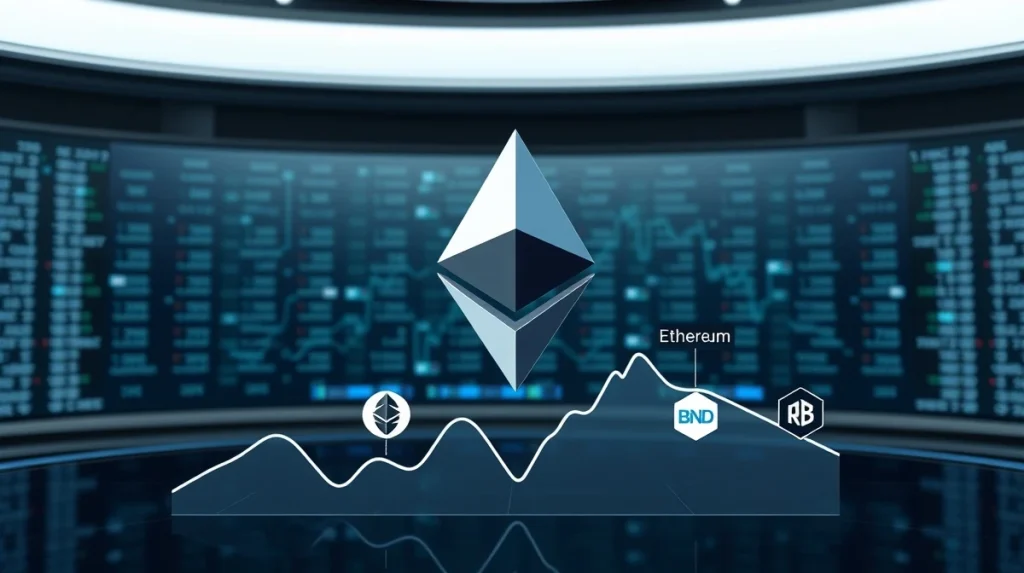 Ethereum logo on a declining graph with other blockchain logos rising in the background.