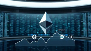 Ethereum logo on a declining graph with other blockchain logos rising in the background.