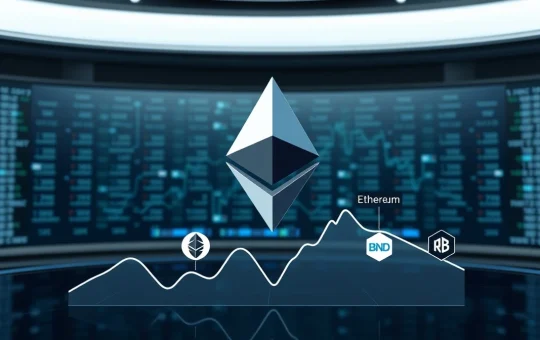 Ethereum logo on a declining graph with other blockchain logos rising in the background.