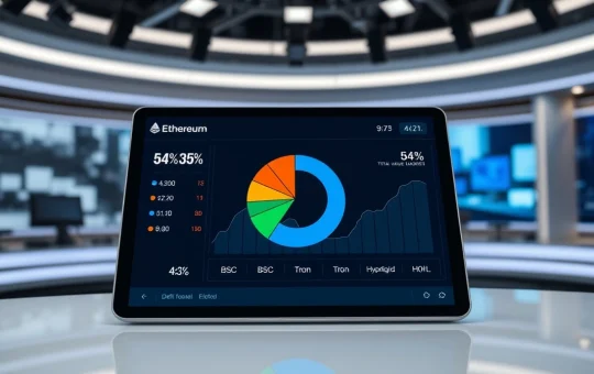 Digital dashboard showing Ethereum DeFi TVL market share at 54% with rival chains