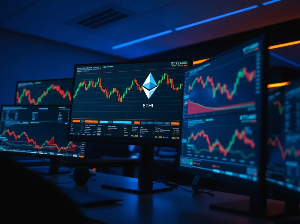 Ethereum price chart showing rejection at $2,400 resistance level on multiple monitors in a trading room