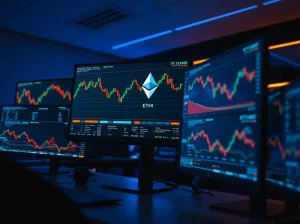 Ethereum price chart showing rejection at $2,400 resistance level on multiple monitors in a trading room