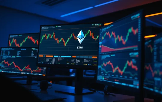 Ethereum price chart showing rejection at $2,400 resistance level on multiple monitors in a trading room
