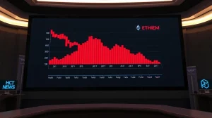 Ethereum price chart showing downward trend with red sell order bars on a trading floor display.