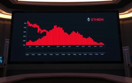 Ethereum price chart showing downward trend with red sell order bars on a trading floor display.
