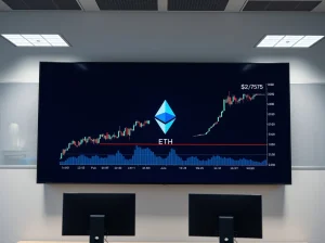 Ethereum price chart approaching resistance level at $2,375 on a digital trading screen