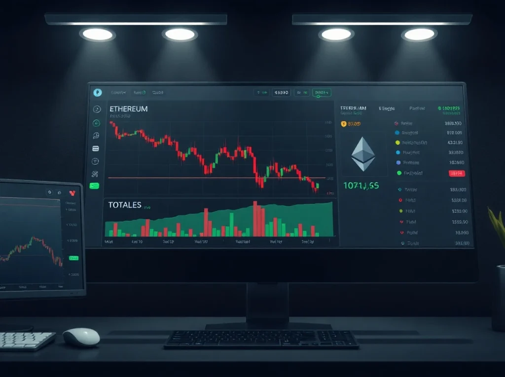 Cryptocurrency market dashboard showing Ethereum price drop and TOTALES metric breaking support