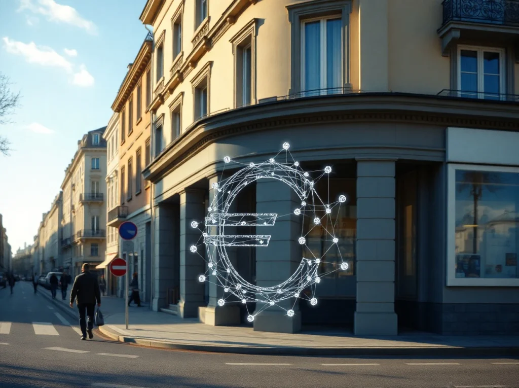 European bank building with digital euro stablecoin and blockchain concept overlay.