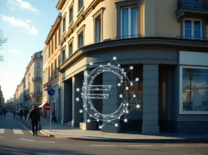 European bank building with digital euro stablecoin and blockchain concept overlay.