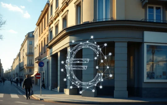 European bank building with digital euro stablecoin and blockchain concept overlay.