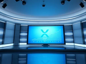 Digital display showing XRP logo and financial chart in a news studio setting