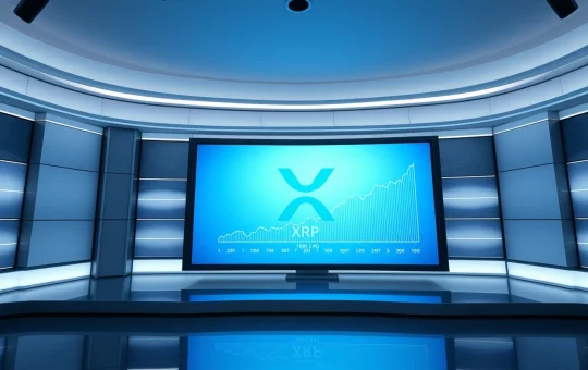 Digital display showing XRP logo and financial chart in a news studio setting