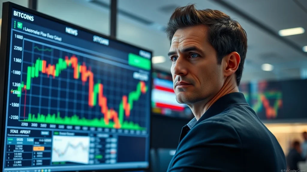 Financial analyst watching a downward Bitcoin price chart on a monitor in a modern office.