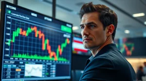 Financial analyst watching a downward Bitcoin price chart on a monitor in a modern office.