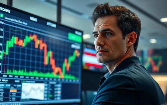 Financial analyst watching a downward Bitcoin price chart on a monitor in a modern office.