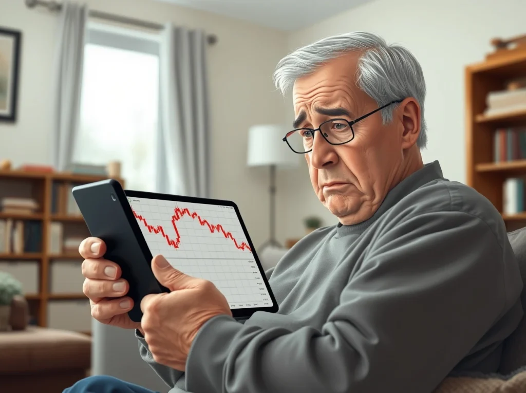 Older adult concerned about cryptocurrency fraud losses on a tablet screen.