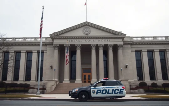 Federal courthouse with flags, representing the prosecution of a $250 million crypto fraud ring.