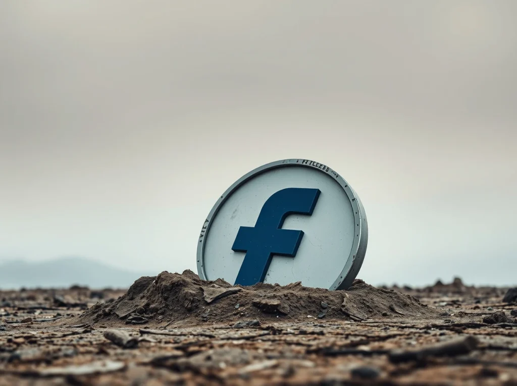 Filecoin logo partially buried in cracked dry earth under overcast sky, representing price decline