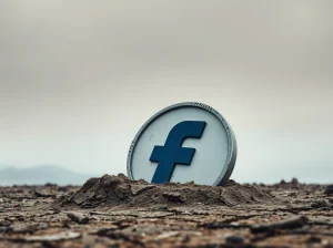Filecoin logo partially buried in cracked dry earth under overcast sky, representing price decline