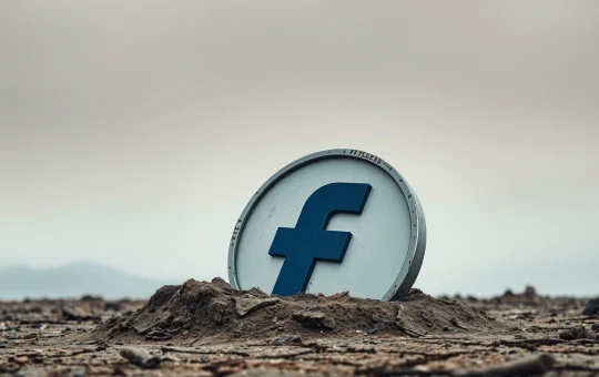 Filecoin logo partially buried in cracked dry earth under overcast sky, representing price decline