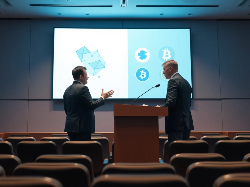 Flare CEO speaking at a conference about Cardano and XRP in Bitcoin DeFi competition