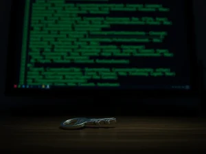 Floki and DPRK developer security risk symbolized by a key and crypto code.