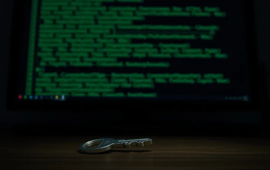 Floki and DPRK developer security risk symbolized by a key and crypto code.