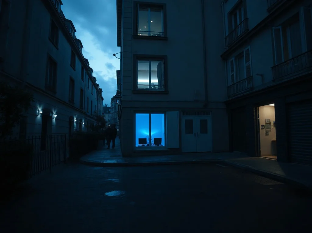 A serious scene representing the crypto kidnapping threat in France, with a watchful view of an urban apartment.