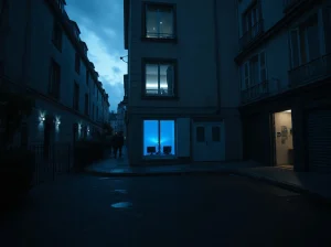 A serious scene representing the crypto kidnapping threat in France, with a watchful view of an urban apartment.