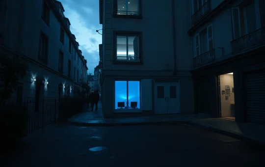 A serious scene representing the crypto kidnapping threat in France, with a watchful view of an urban apartment.