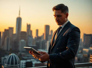 Investor reviewing digital asset data with city skyline and blockchain network overlay