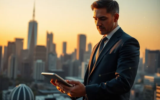 Investor reviewing digital asset data with city skyline and blockchain network overlay